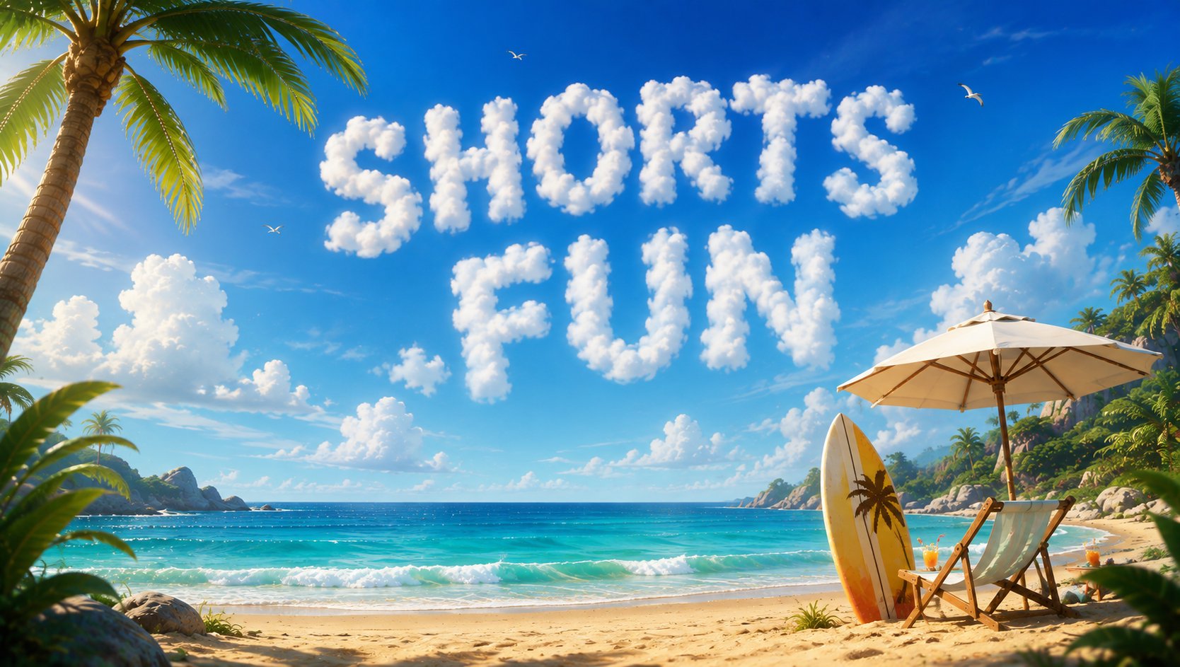 Shorts Fun written in cloud letters over a sunny tropical beach with palm trees, turquoise ocean, and beach gear.